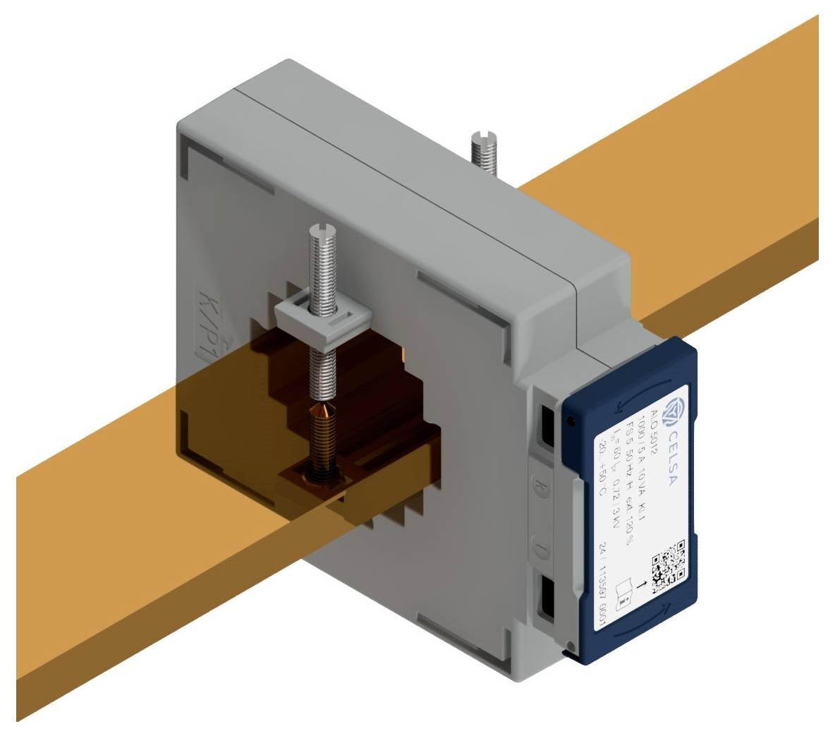 Grauer Klemmenblock, der um ein orangefarbenes Kabel befestigt ist, mit blauer Anschlussbox an der Seite.