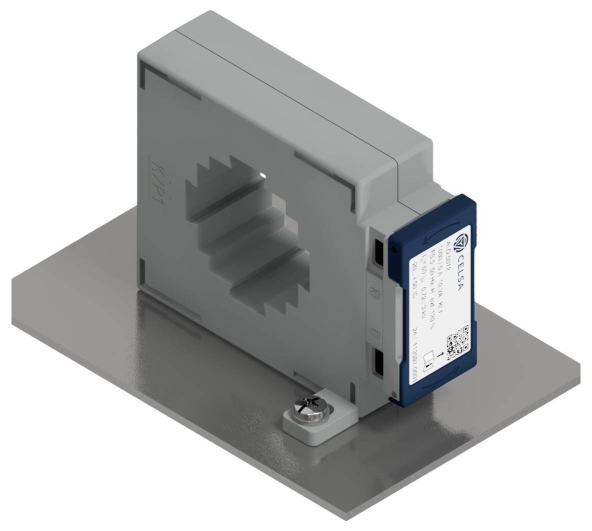 Ein rechteckiger elektrischer Sensor ist auf einer grauen Metallplatte montiert. Der Sensor hat ein blaues und weißes Etikett.