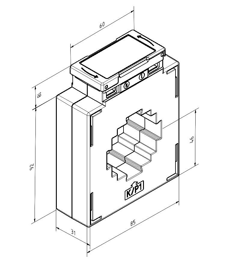 Technische Zeichnung eines rechteckigen Bauteils mit detaillierten Maßen. Sichtbar sind Breite, Höhe und Tiefe in Millimetern.