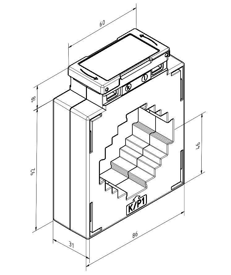 Technische Zeichnung eines elektrischen Transformators mit den Maßen: 60 mm Breite, 92 mm Höhe, 46 mm Tiefe.