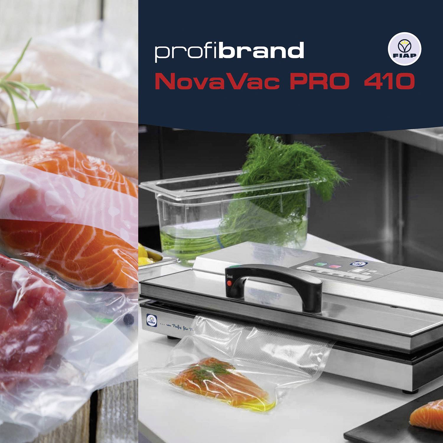 Vakuumiergerät NovaVac PRO 410 mit verschweißtem Lachs im Fokus. Links frischer, verpackter Lachs, rechts Gerät auf Arbeitsplatte. Marke: profibrand.