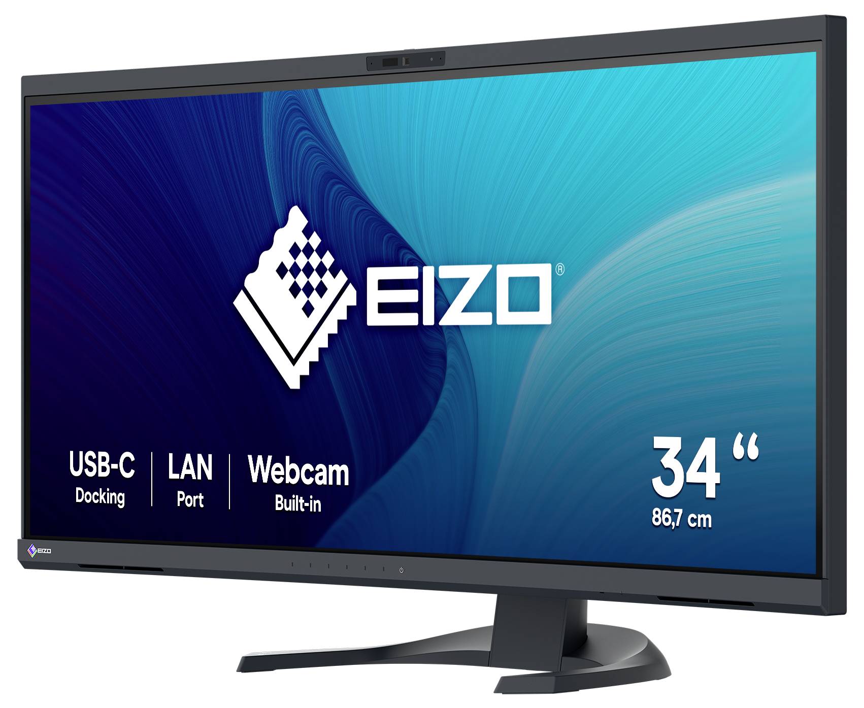 Ein 34-Zoll (86,7 cm) EIZO-Monitor mit eingebauter Webcam. Anschlüsse für USB-C und LAN sind hervorgehoben auf einem blauen Hintergrund.