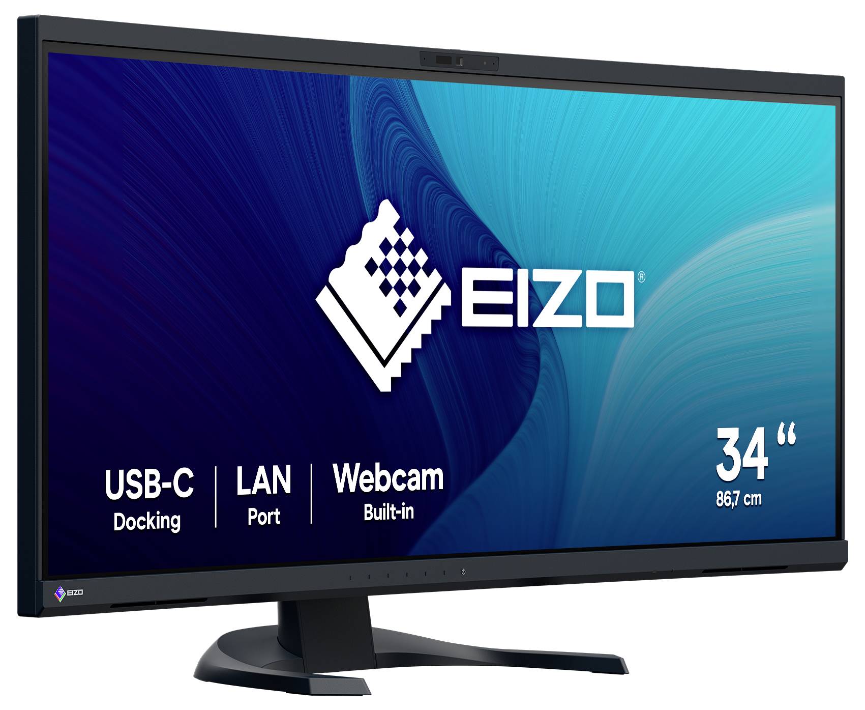 Ein 34-Zoll-Monitor von EIZO mit eingebauter Webcam, USB-C, LAN-Anschluss, auf einem schwarzen Standfuß.
