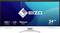 Ein 34 Zoll Monitor mit EIZO-Logo. Funktionen: USB-C-Dock, LAN-Anschluss, integrierte Webcam. Hintergrund in Blau-Grün.