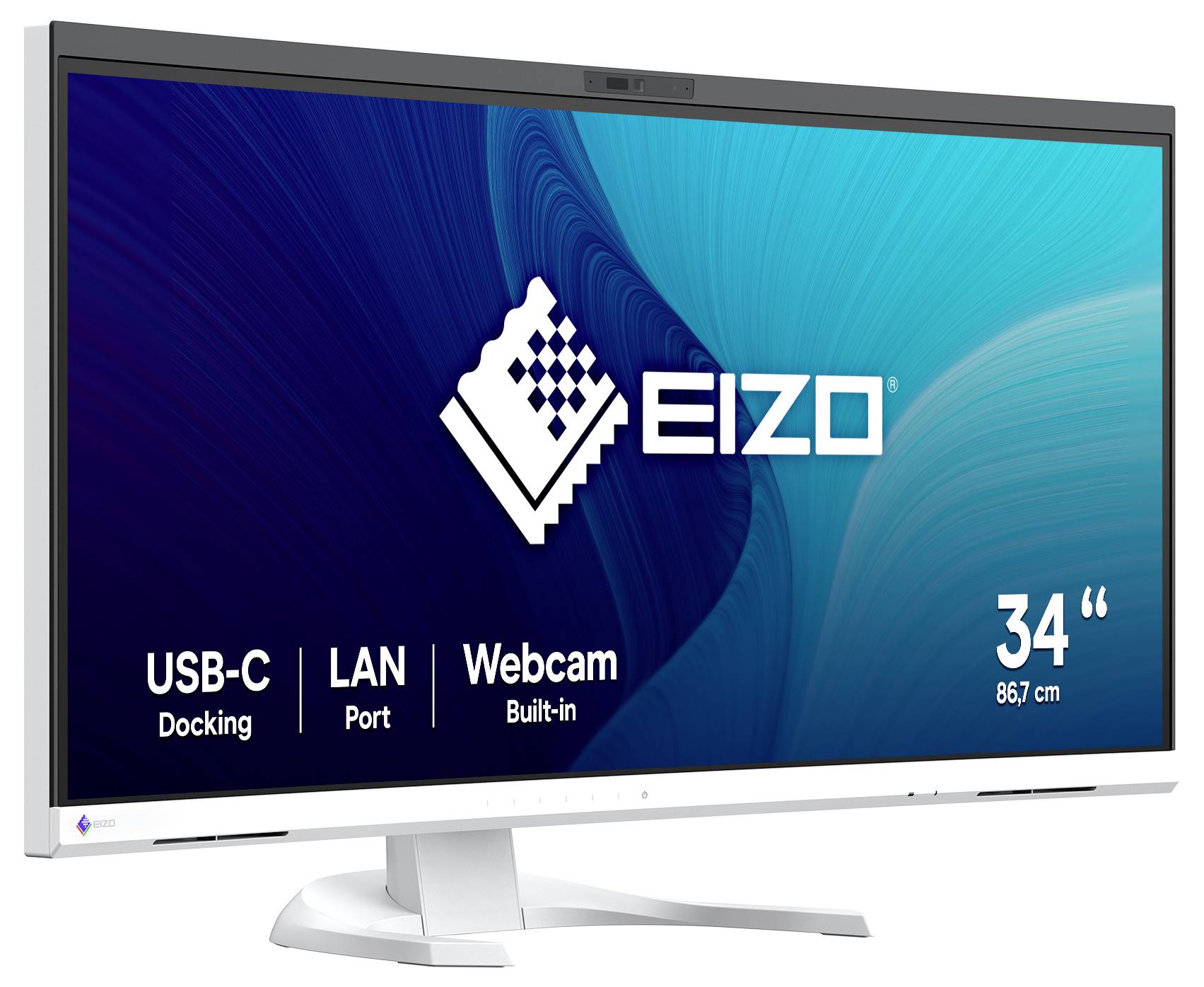 'Monitor von EIZO mit 34 Zoll Bildschirmdiagonale. Enthält USB-C Docking, LAN-Anschluss und integrierte Webcam.'