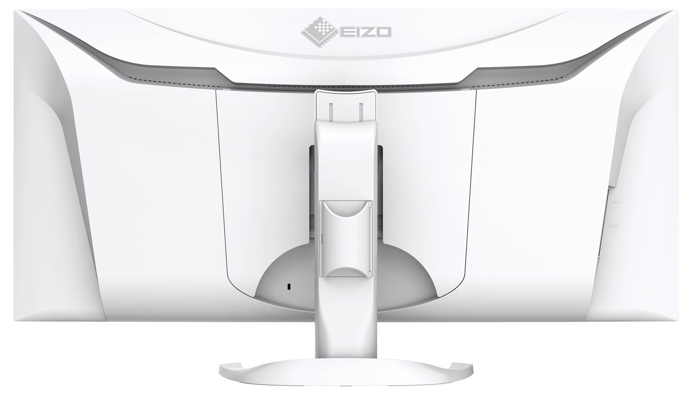 Ein weißer EIZO-Monitor von hinten, zeigt das Design der Rückseite mit Halterung und Markenlogo oben.