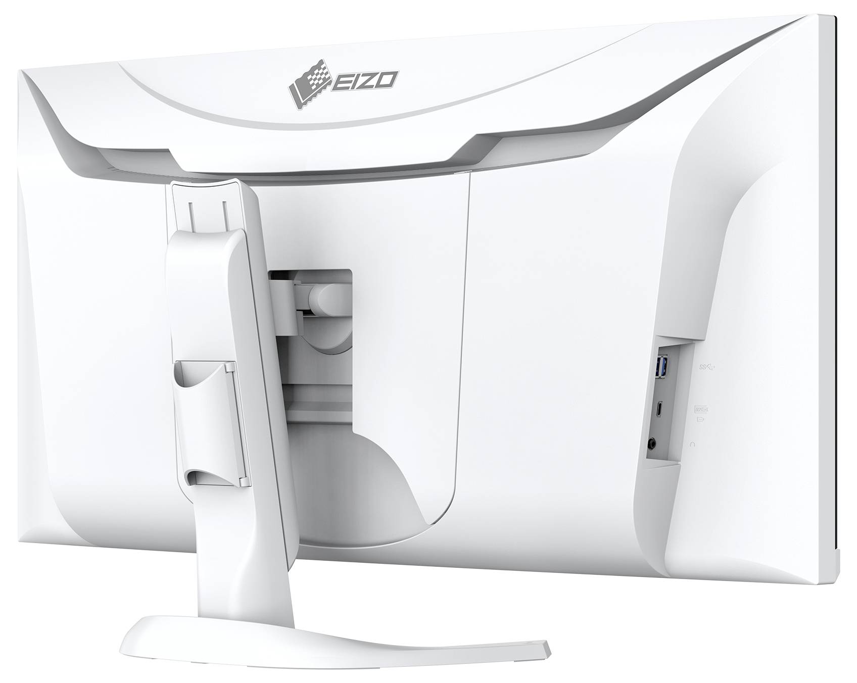 Ein weißer Computermonitor von hinten, zeigt den Standfuß und die Anschlüsse auf der rechten Seite.