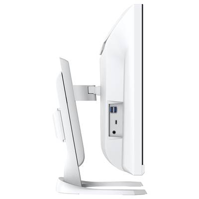 Seitenansicht von zwei weißen Monitoren, nebeneinander aufgestellt, zeigen ihre schlanken Rahmen und USB-Anschlüsse.