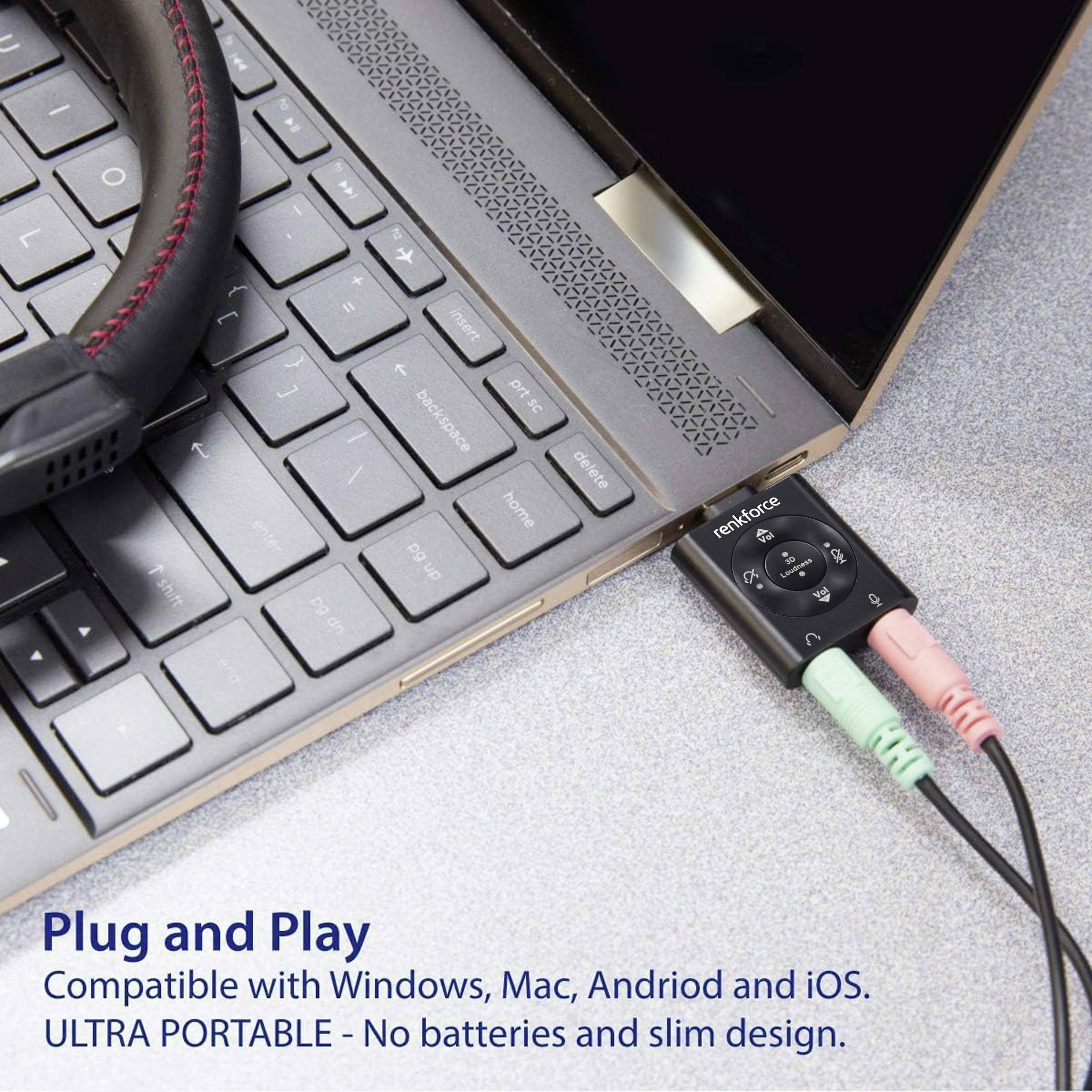 Ein MP3-Player mit zwei angeschlossenen Audiokabeln liegt auf einer Laptoptastatur. Text: 'Plug and Play' und Kompatibilitätsangaben.