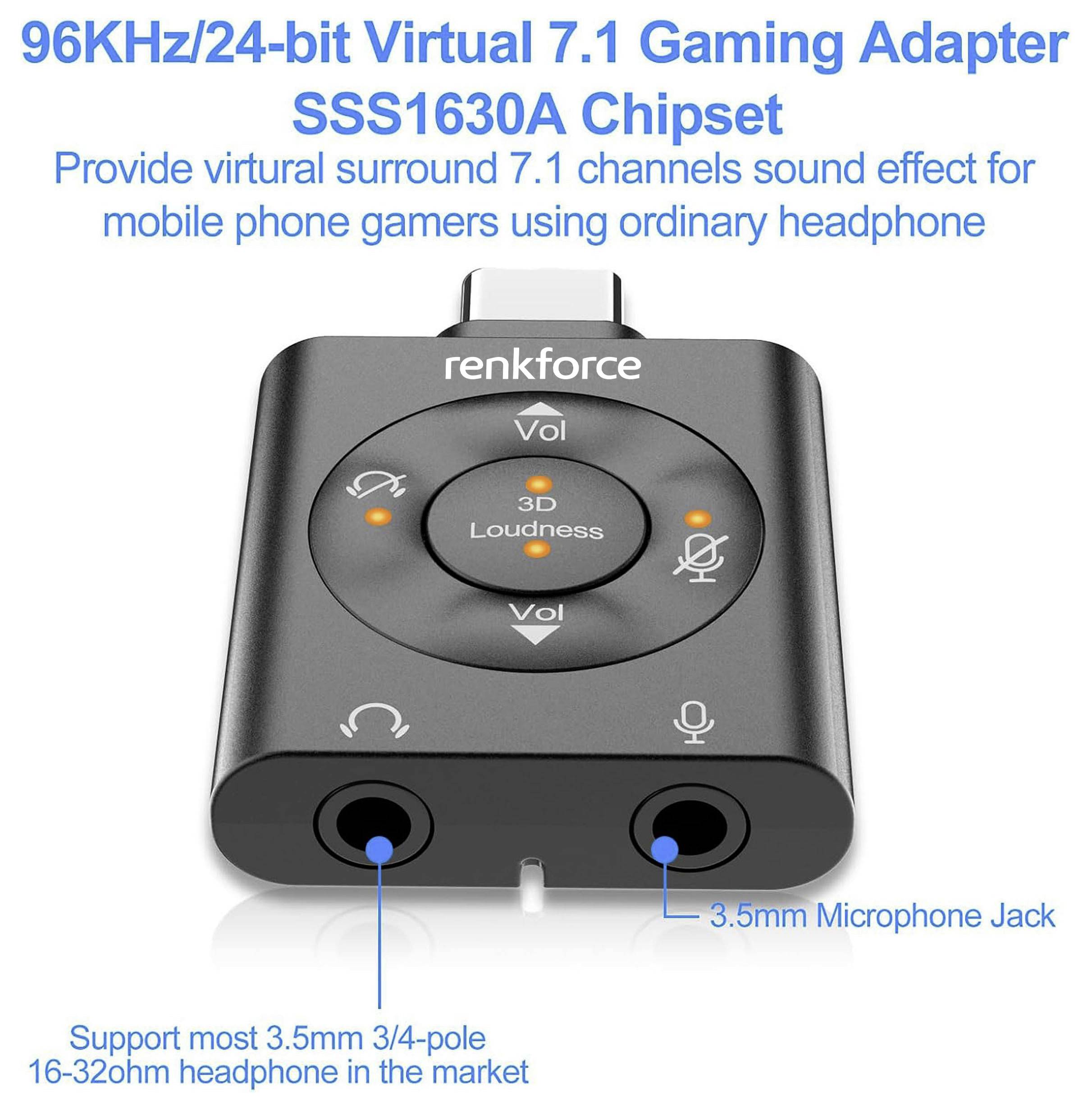 Ein schwarzer Gaming-Adapter mit 3,5-mm-Mikrofonanschluss, 7.1-Kanal-Soundeffekt und verschiedenen Tasten zur Lautstärkeregelung.