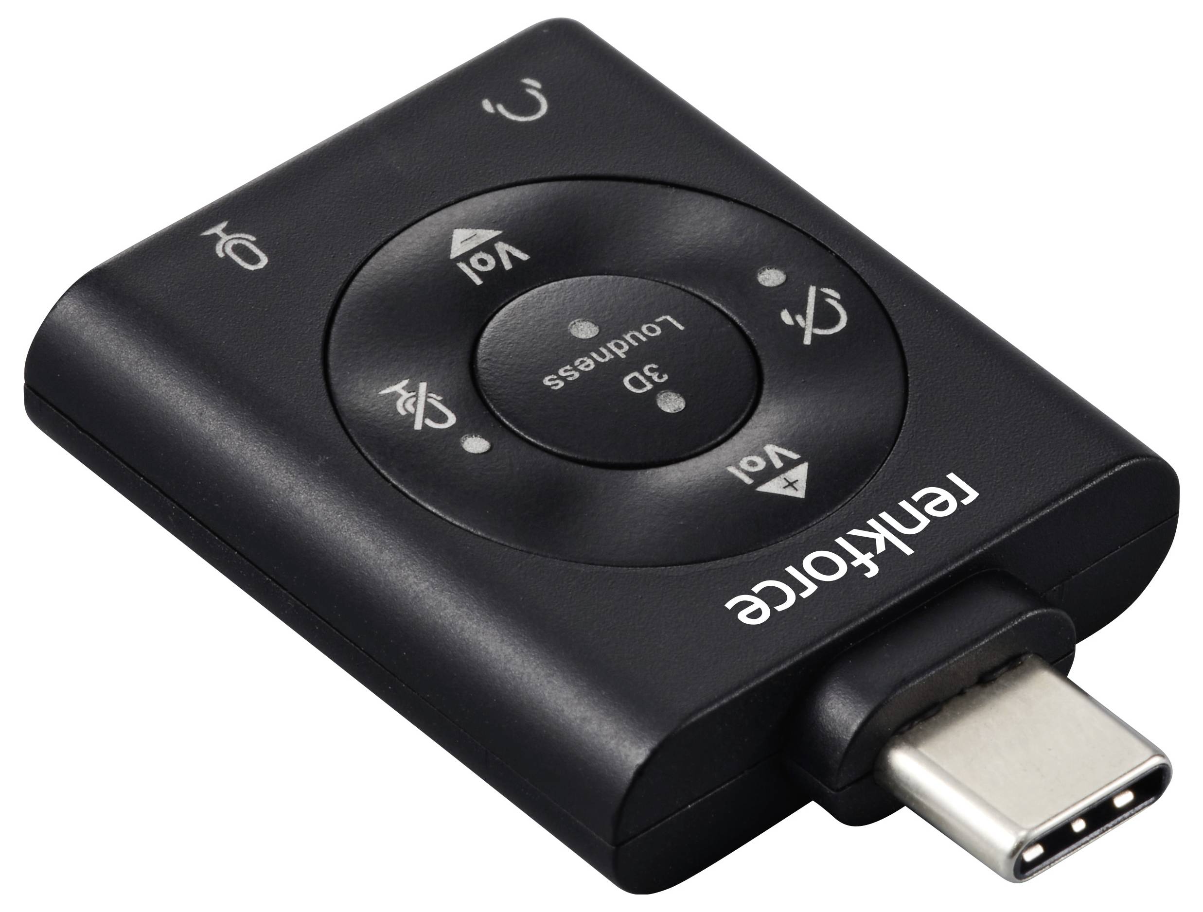 Ein schwarzer USB-C-Audioadapter mit Lautstärkeregler und Mikrofon-Stummschalttaste. Text 'hennkvoice' auf der Vorderseite.