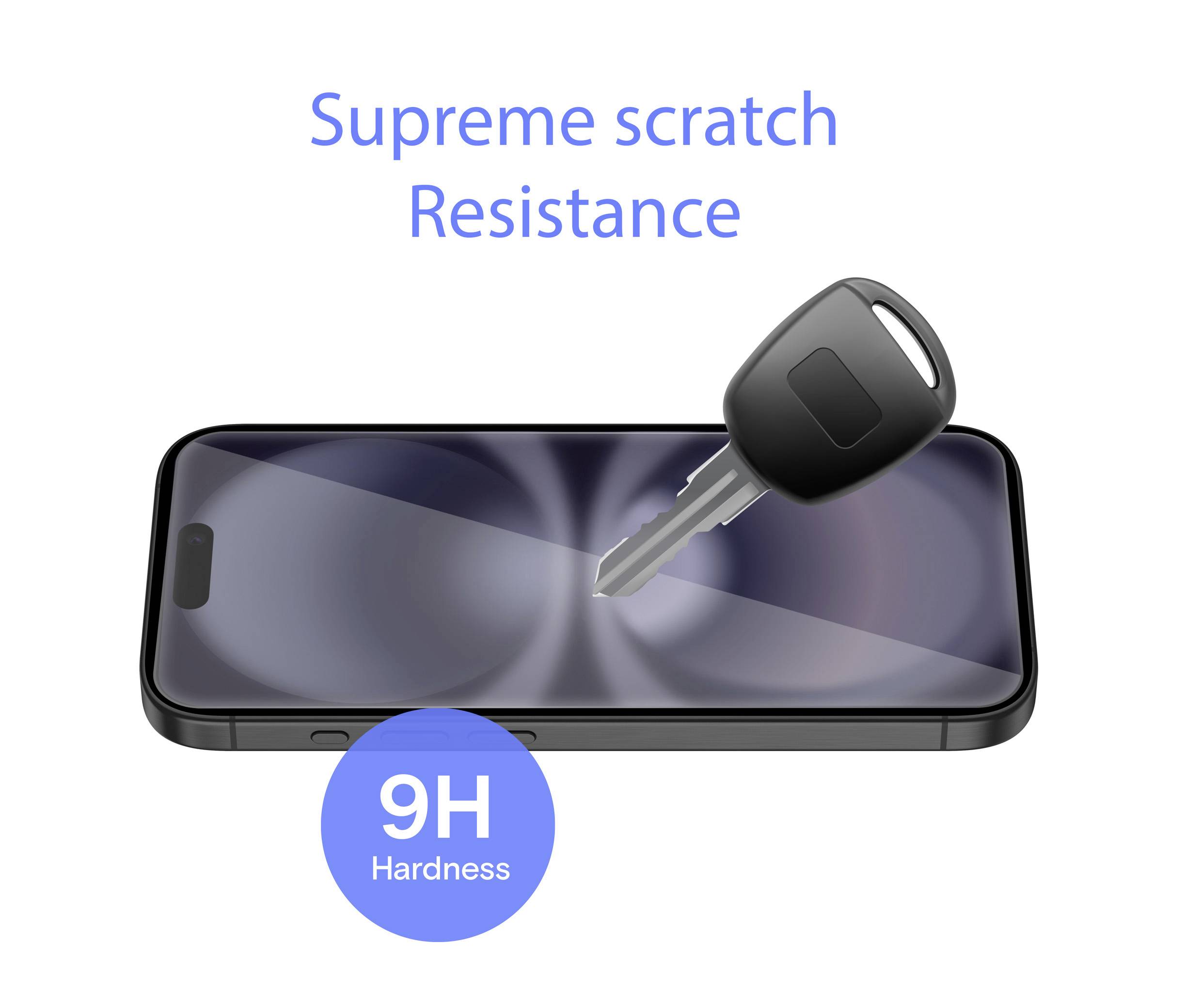 Smartphone-Bildschirm wird von einem Schlüssel zerkratzt. Text lautet 'Supreme scratch Resistance', unten steht '9H Hardness'.
