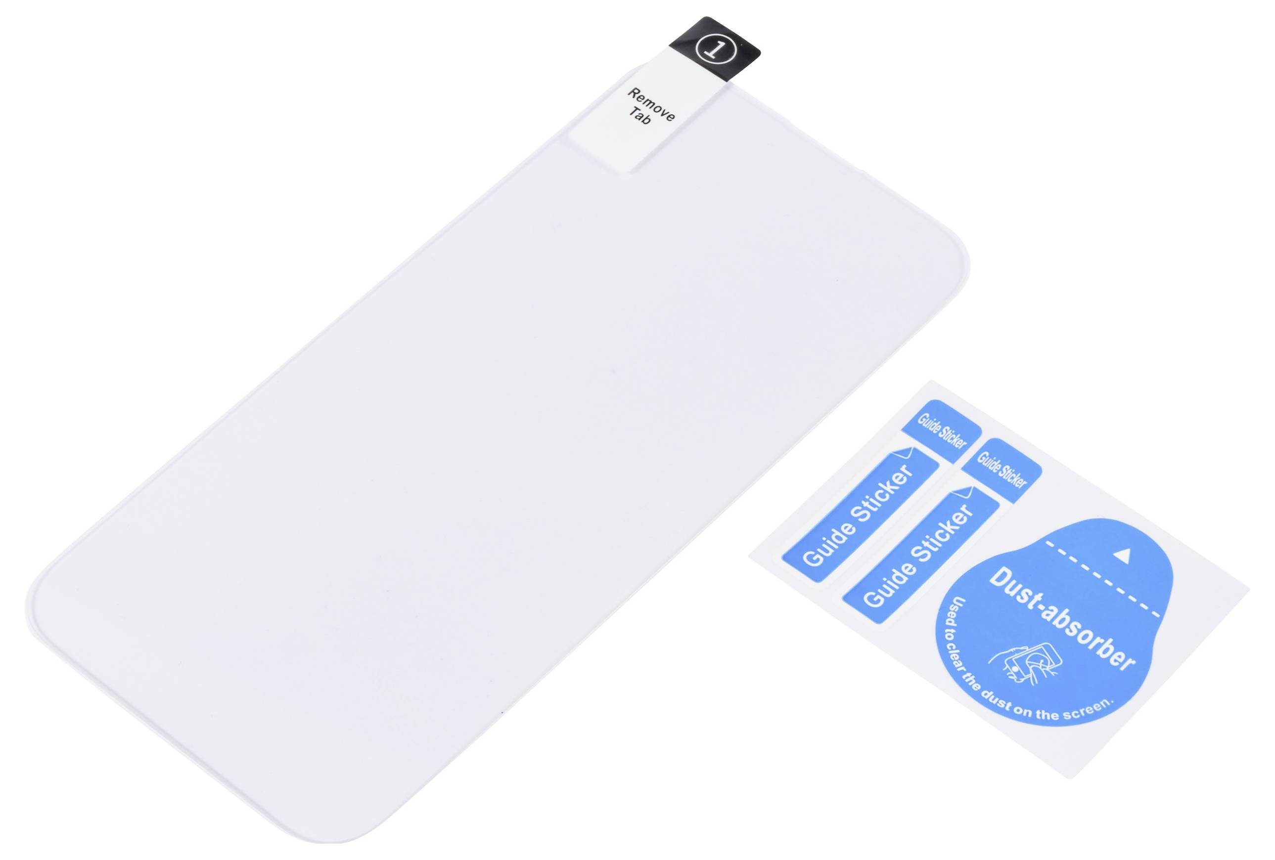 Eine transparente Displayschutzfolie liegt flach neben einem Satz von Aufklebern, die mit "Installationsanleitung" und "Staubabsorber" beschriftet sind.