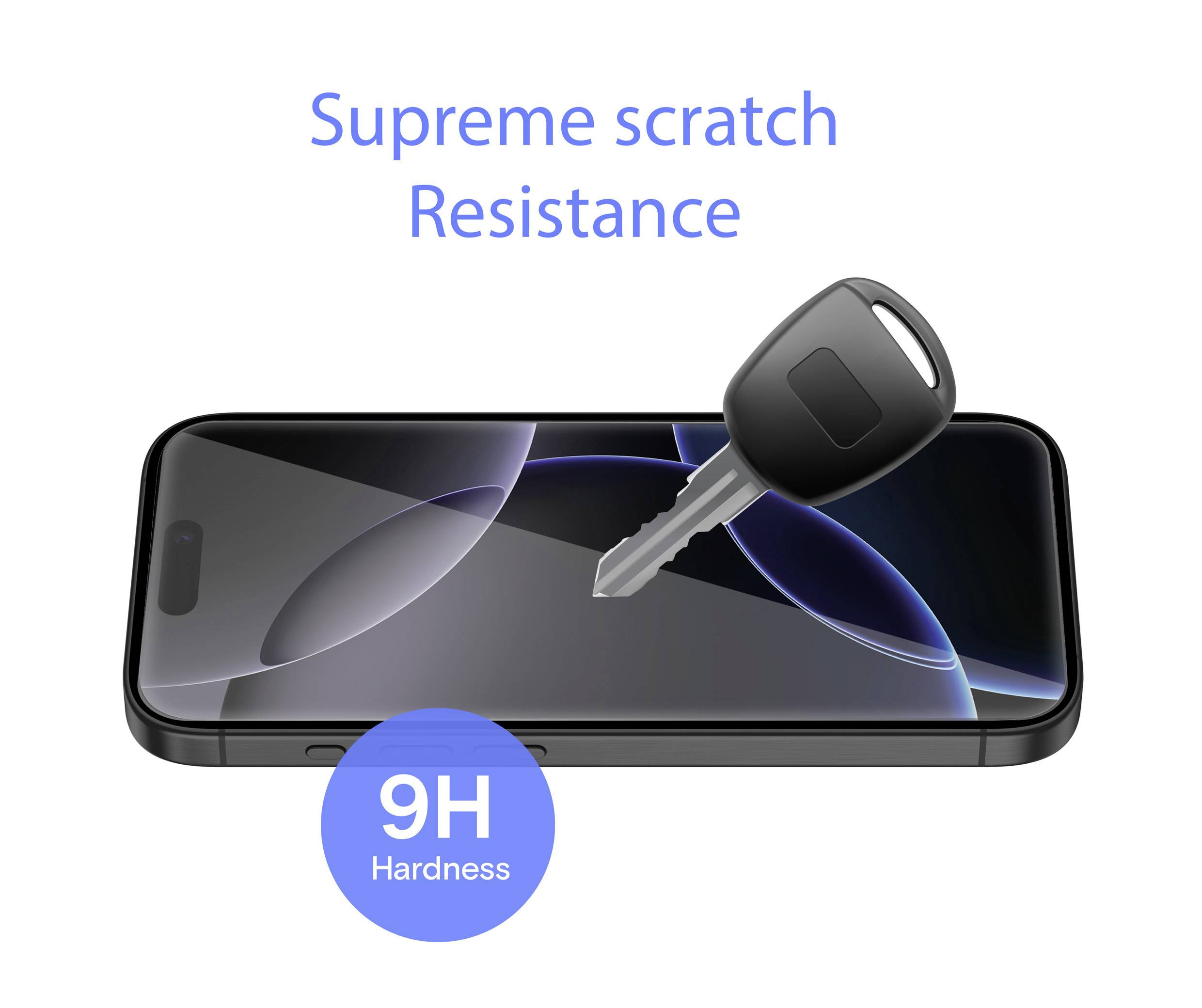 Ein Smartphone mit schwarzem Gehäuse wird von einem Schlüssel berührt, um die Kratzfestigkeit des Bildschirms mit '9H Hardness' zu zeigen.