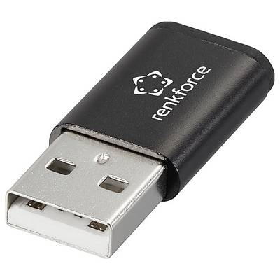 USB-Adapter von Renkforce, schwarz, mit silbernem Anschluss.