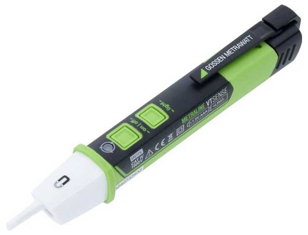 Ein berührungsloser Spannungsprüfer in Stiftform, schwarz und grün, mit grünen Knöpfen und Aufdruck 'Gossen Metrawatt'.