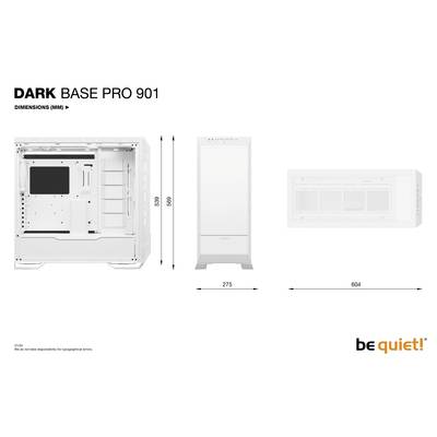 Gehäuse Dark Base Pro 901 in Weiß. Abmessungen: 609 mm Höhe, 275 mm Breite, 604 mm Tiefe. Hersteller: be quiet!