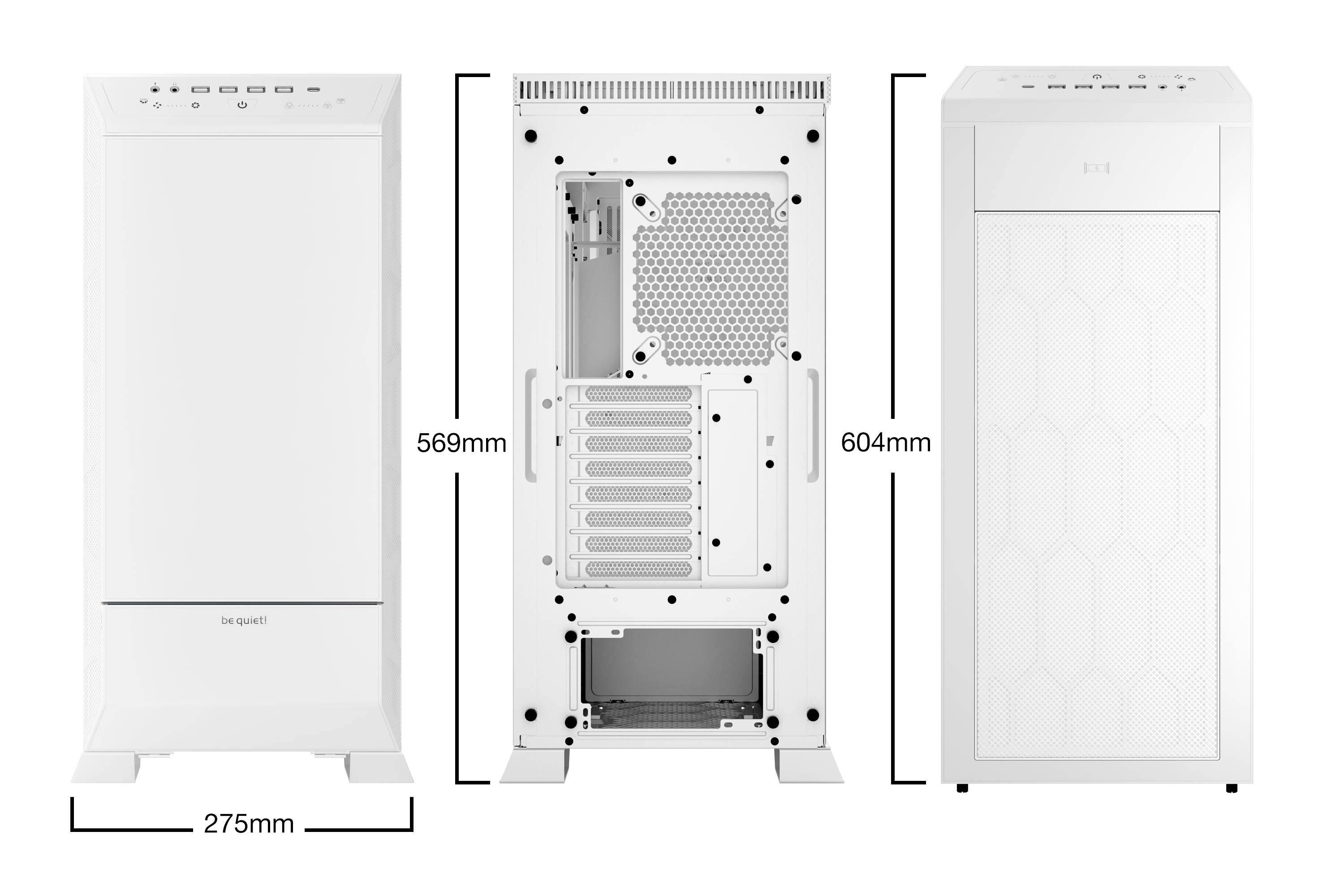 Weiße Computergehäuse, Vorder-, Rück- und Seitenansicht, Maße 275mm x 569mm x 604mm; zeigt Belüftungsöffnungen und Hinteranschlüsse.