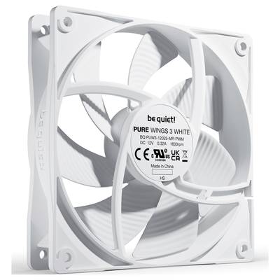 Weißer Computerlüfter 'be quiet! Pure Wings 3', Seitenansicht. Lüfterblätter und Rahmen sind zu sehen, für Kühlung von PCs geeignet.