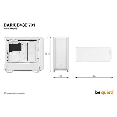 Ein weißes PC-Gehäuse mit den Maßen: Breite 249 mm, Höhe 450 mm, Tiefe 565 mm. Beschriftet mit 'Dark Base 701'. Markenzeichen unten rechts.