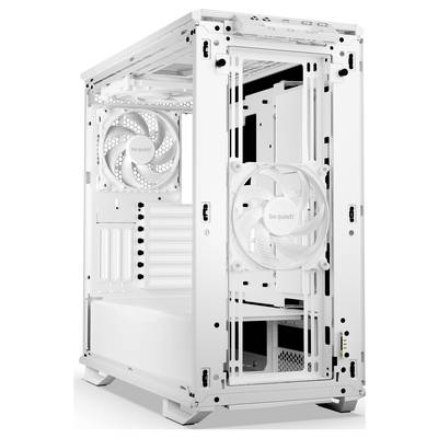 Ein weißes Computergehäuse mit Sicht auf Lüfter und interne Strukturen. Moderner, luftiger Aufbau, geeignet für individuelle PC-Konfigurationen.