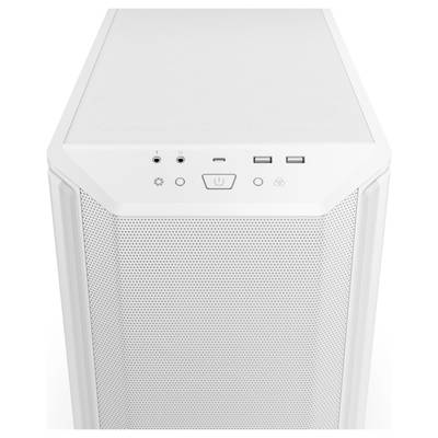 Ein weißes Computergehäuse von oben, mit USB-Anschlüssen, Audiobuchsen und einem großen Netzschalter auf der Vorderseite.