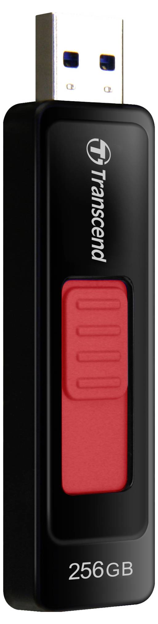 USB-Stick mit Schieberegler in Rot, 256 GB Speicherplatz, von der Marke Transcend.