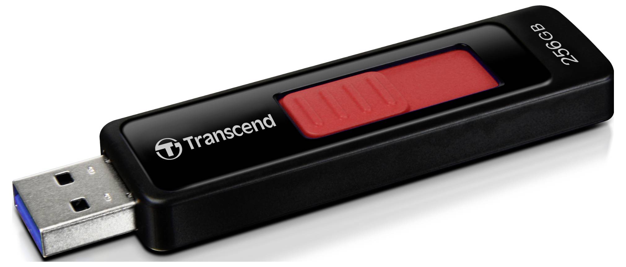 Schwarzer USB-Stick mit rotem Schieberegler und der Aufschrift 'Transcend' sowie '256GB'.