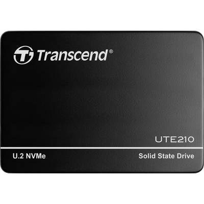 Schwarze SSD von Transcend mit Modellnummer UTE210. Aufschrift lautet 'U.2 NVMe' und 'Solid State Drive'.