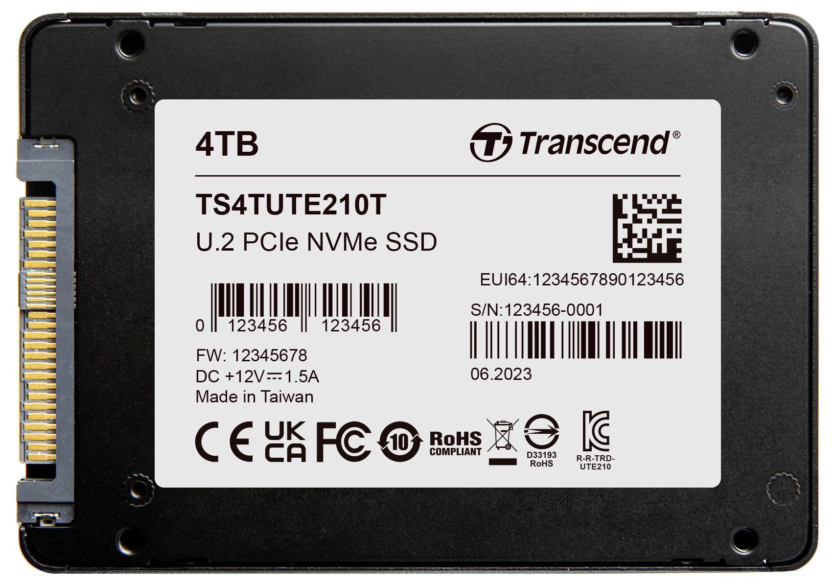 'Transcend 4TB U.2 PCIe NVMe SSD.' Schwarzer Speicher mit Kapazität, Modellnummer, Barcode und Herstellungsdatum auf der Vorderseite.