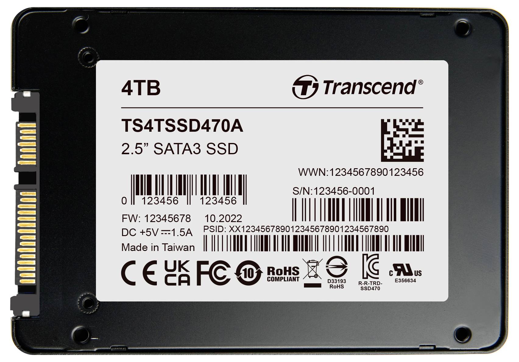 Solid-State-Drive mit 4 TB Kapazität, SATA3 Schnittstelle und technische Details wie Seriennummer und Herstellungsland.