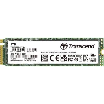 SSD mit 1 TB Kapazität von Transcend, Modell TS1TMTE672A-I, hergestellt in Taiwan. Zertifikate und Seriennummer auf dem Etikett sichtbar.