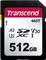 SD-Karte von Transcend, Modell 460T, 512 GB. Unterstützt A2 Leistung, U3, V30, SDXC-I. Schwarzes Design mit rotem und weißem Etikett.