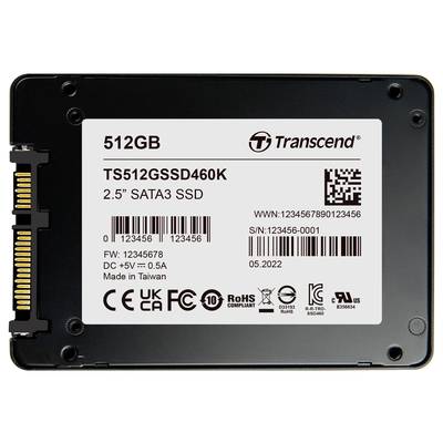Externe SSD von Transcend mit 512GB, 2.5" SATA3. Enthält Beschriftungen zu Modellnummer, Seriennummer und elektrischen Spezifikationen.