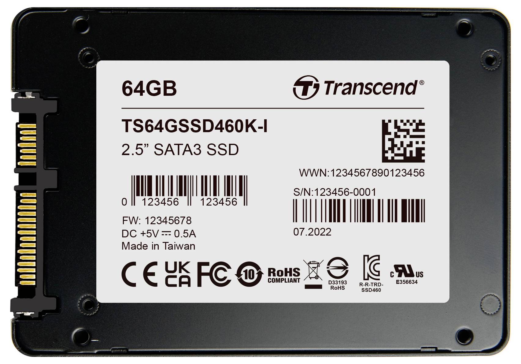 Ein schwarzes Solid-State-Laufwerk mit 64GB von Transcend. Das Etikett zeigt Modell, Seriennummer und Fertigungsinformationen.