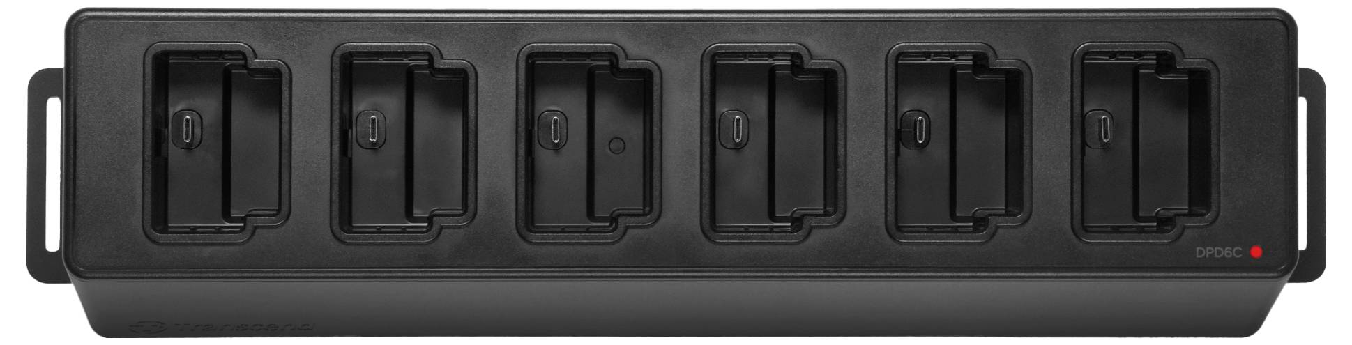 Schwarze Ladeeinheit mit sechs Steckplätzen, geeignet für das gleichzeitige Laden mehrerer Geräteakkus.