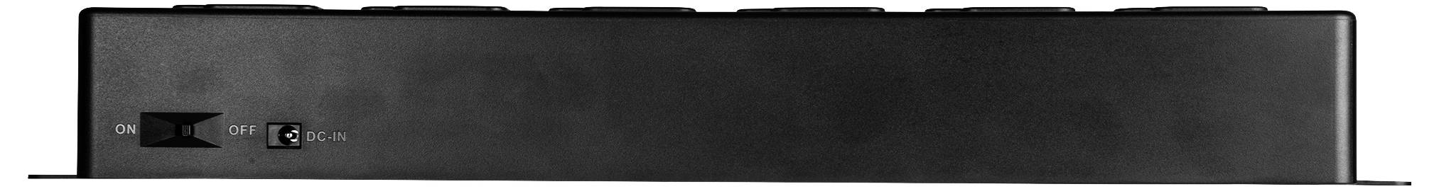 Elektronisches Gerät in Schwarz mit einem Ein-/Ausschalter und einem kleinen Symbol auf der Vorderseite.