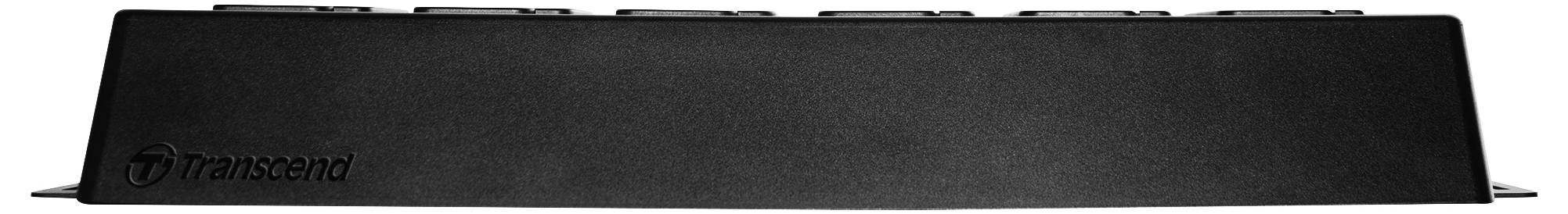 Externe Festplatte der Marke Transcend, liegend mit ihrem Logo sichtbar.