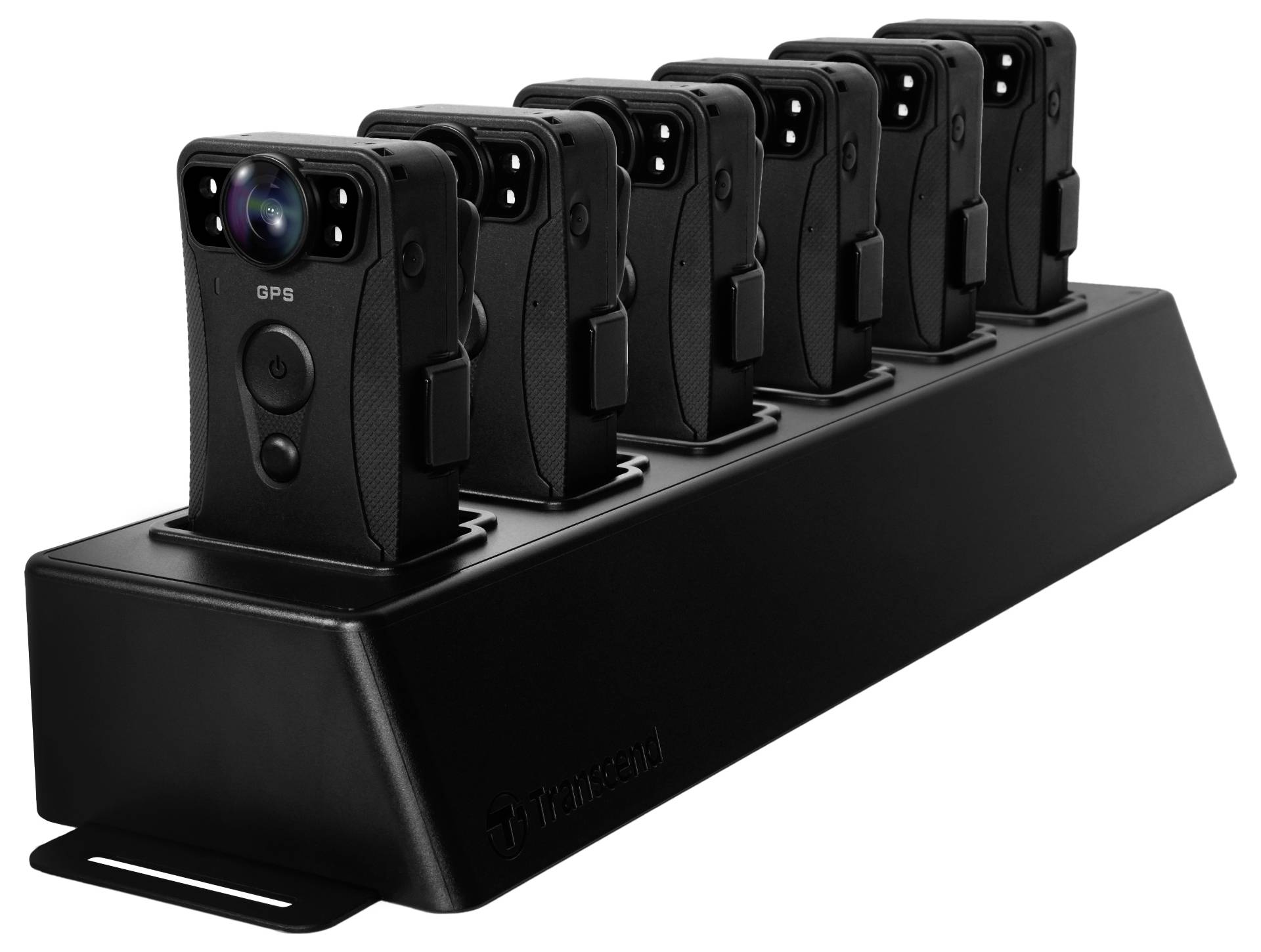 Sechs schwarze Kameras stehen in einer Ladestation in einer Reihe. Jede Kamera hat eine Linse und einen Knopf.