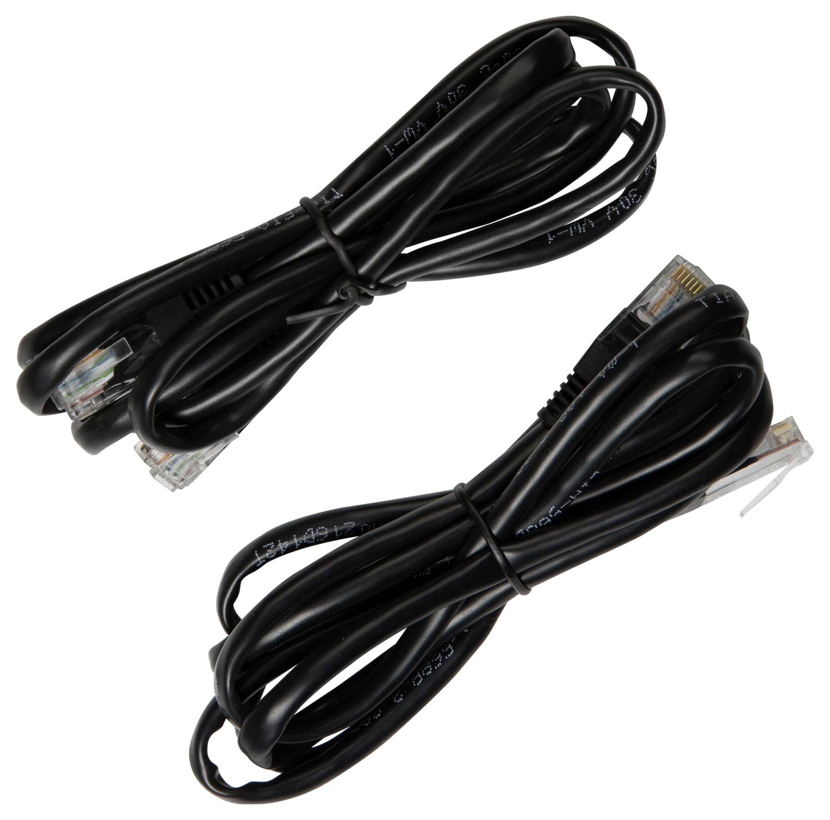 Zwei zusammengerollte schwarze Ethernet-Kabel mit RJ45-Steckern.