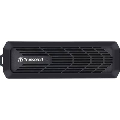Externer, schwarzer Transcend-SSD-Stick mit Gittermuster.