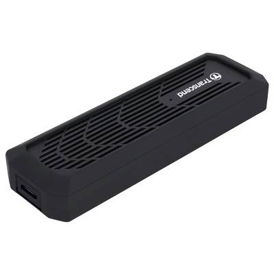 Ein schwarzes, rechteckiges Gehäuse mit Lüftungsschlitzen und einem USB-C-Anschluss. Oben ist das 'Transcend'-Logo sichtbar.