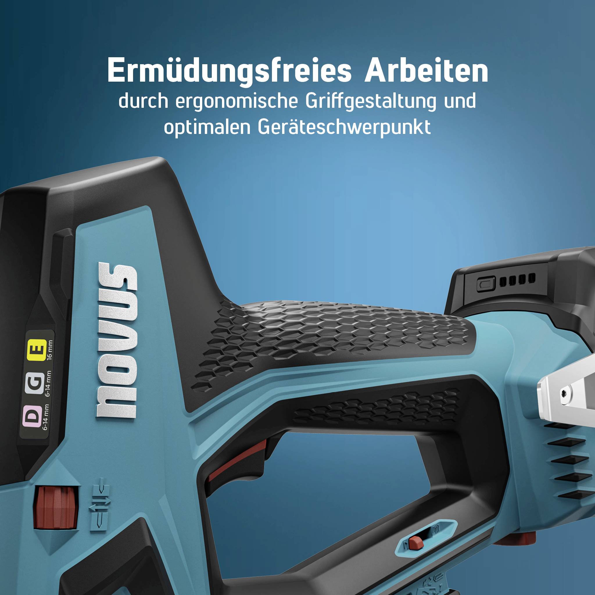 'Novus' Tacker mit ergonomischem Griff, Text: 'Ermüdungsfreies Arbeiten durch ergonomische Griffgestaltung und optimalen Geräteschwerpunkt'.