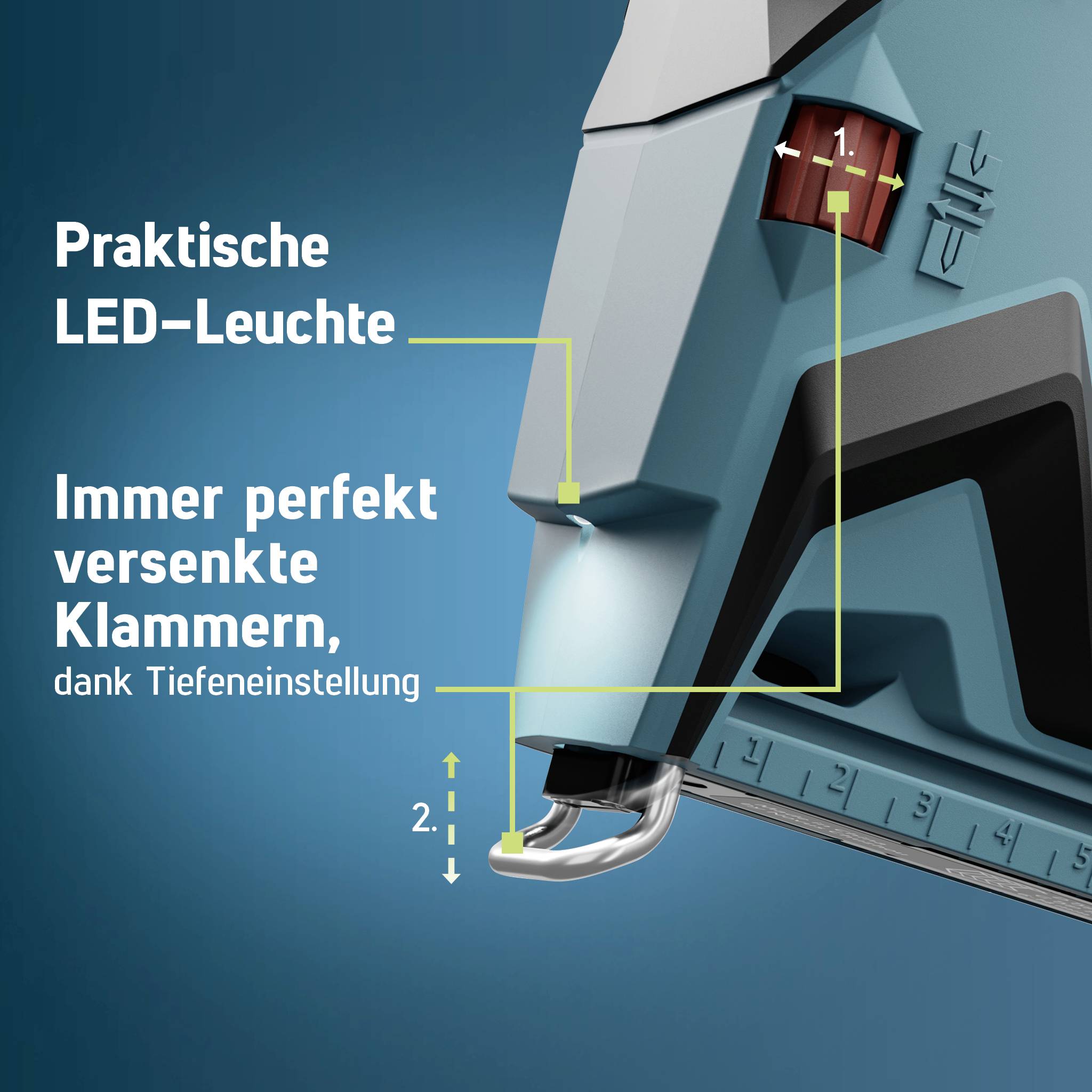 'Praktische LED-Leuchte. Immer perfekt Klammern, dank Tiefeneinstellung.' Nahaufnahme eines Werkzeugs mit LED-Licht und Skala.