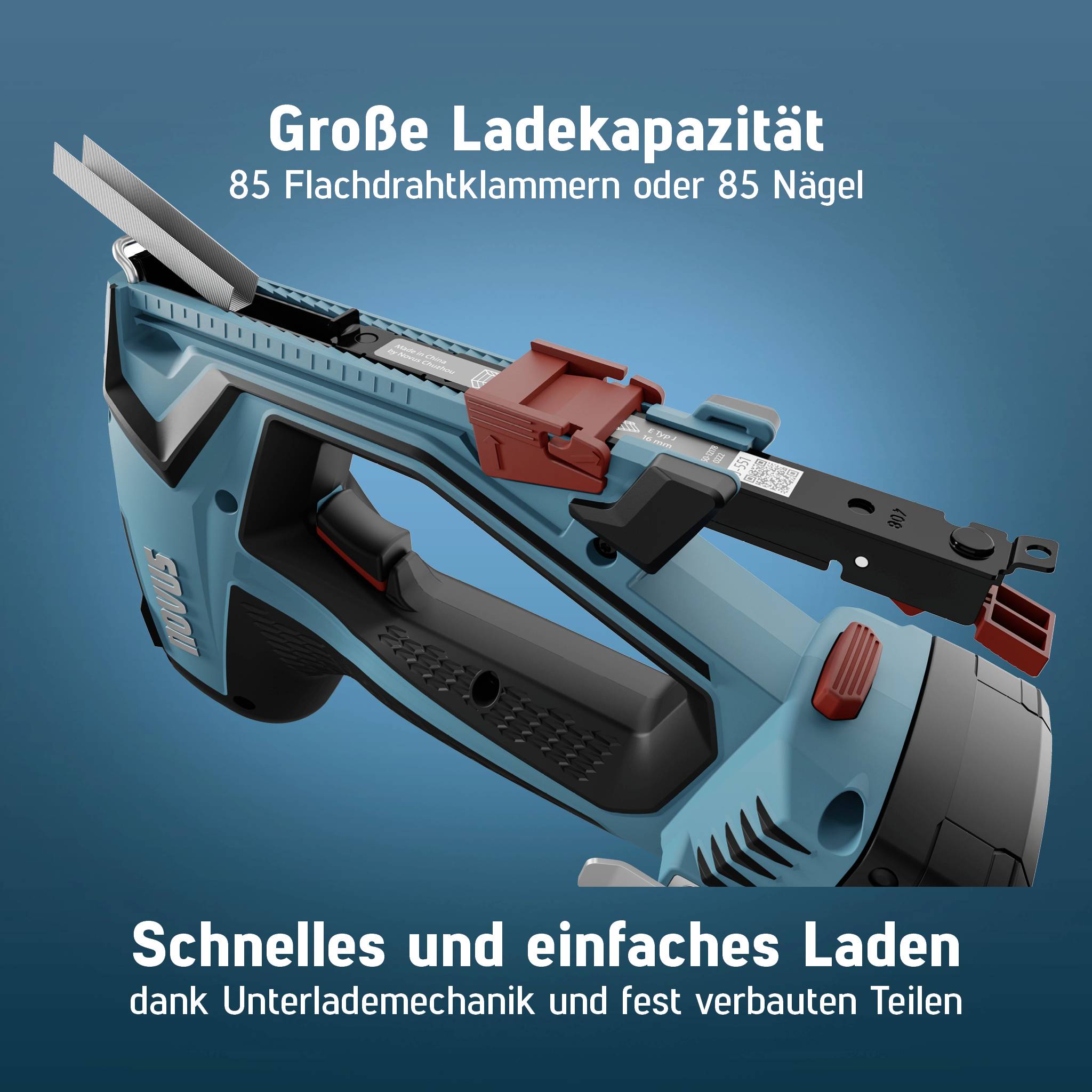 'Große Ladekapazität' über einem bild einer Nagelpistole. '85 Flachdrahtklammern oder 85 Nägel' daneben. 'Schnelles und einfaches Laden' darunter.