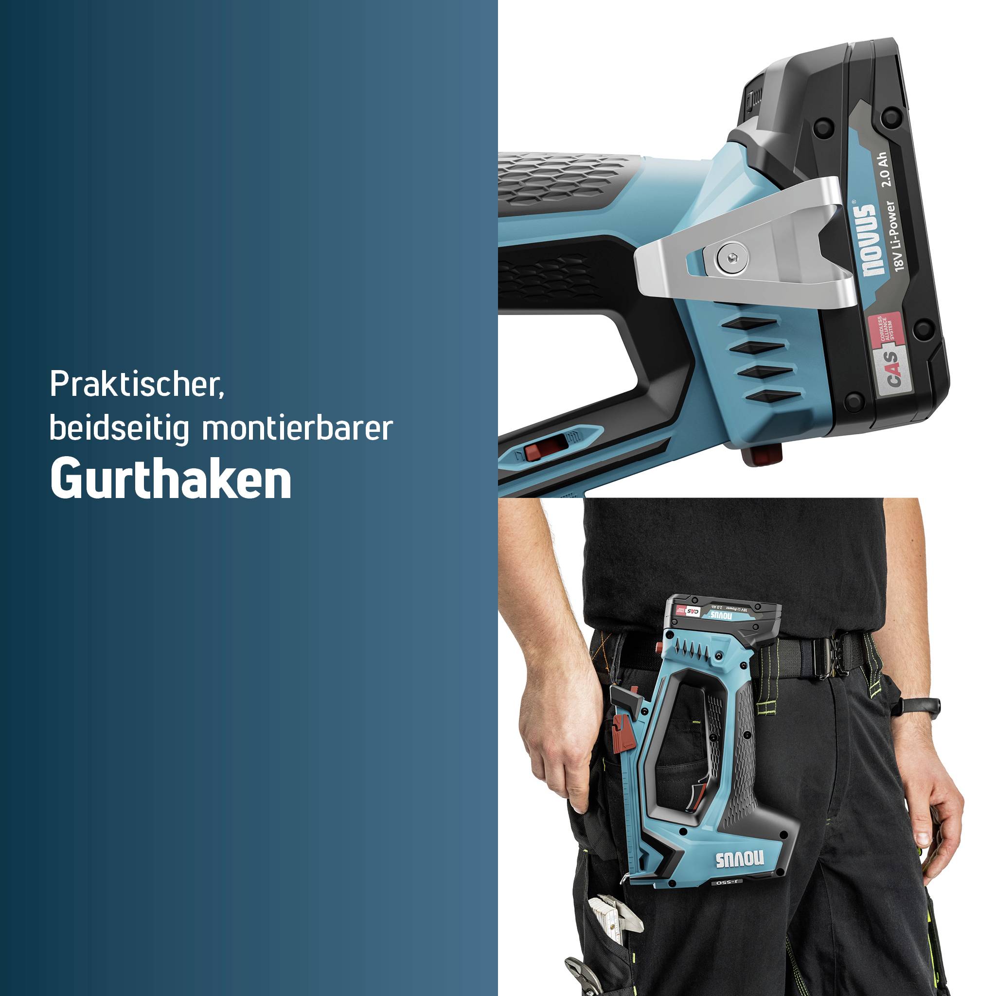 'Akkuschrauber mit Gürtelhaken', beidseitig montierbar, wird am Hosenbund getragen. Text: 'Praktischer, beidseitig montierbarer Gurthaken'.