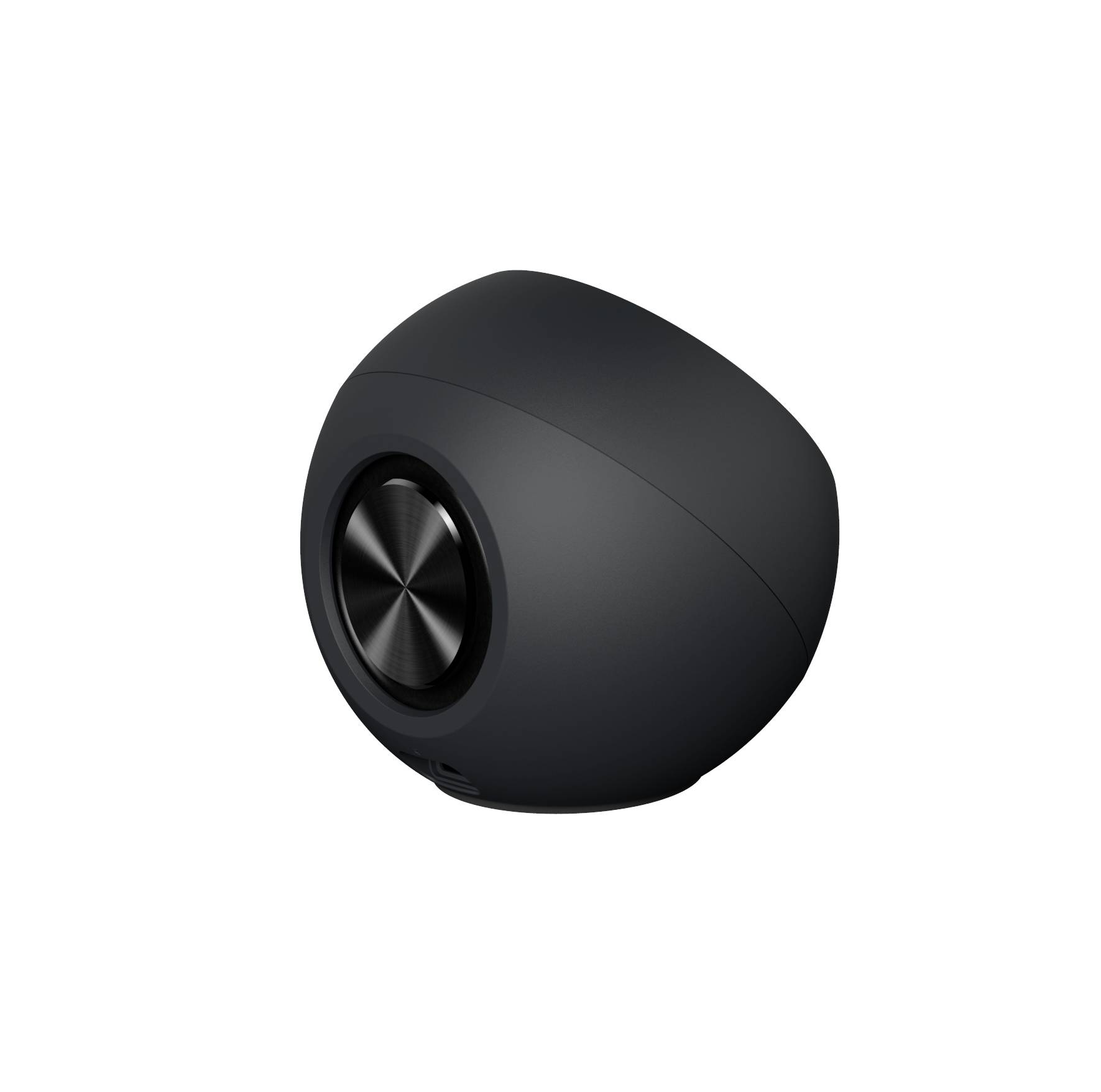 'Schwarzer, kugelförmiger Lautsprecher mit silberner Front und minimalistischen Design. Geeignet für moderne Innenräume.'