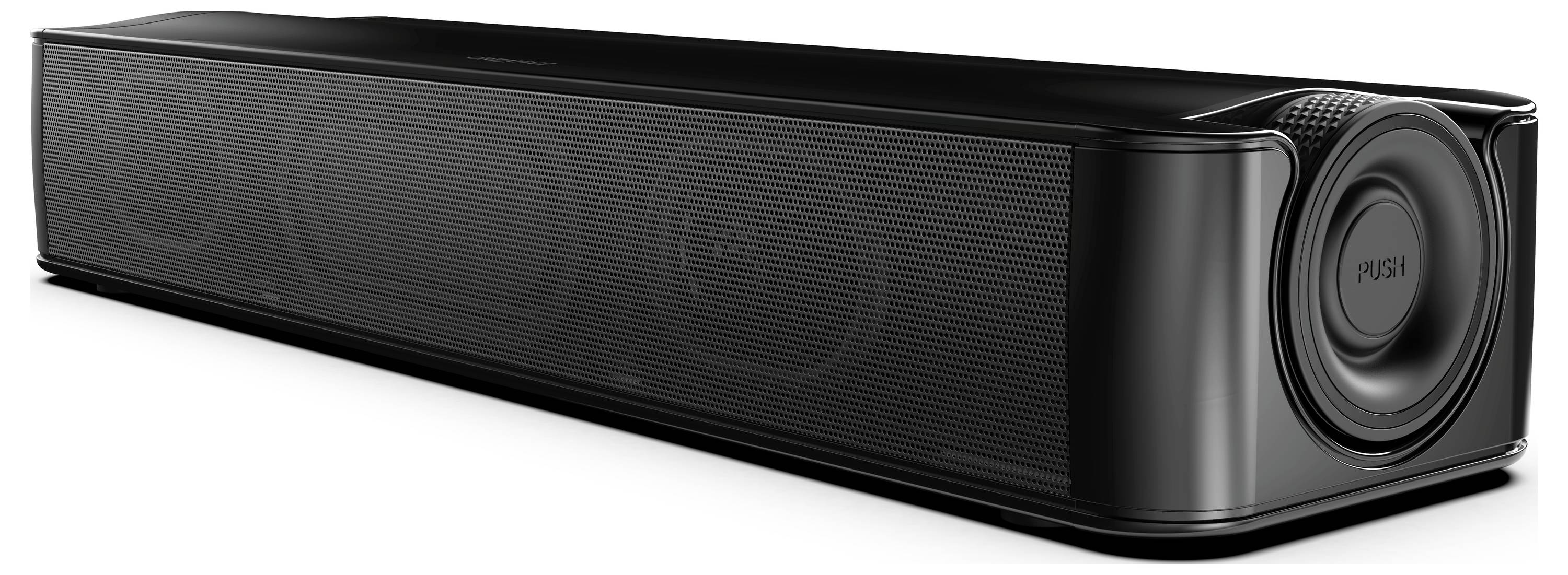 Schwarze Soundbar mit modernem Design und abgerundeten Ecken. Sie hat einen sichtbaren Subwoofer auf der rechten Seite.