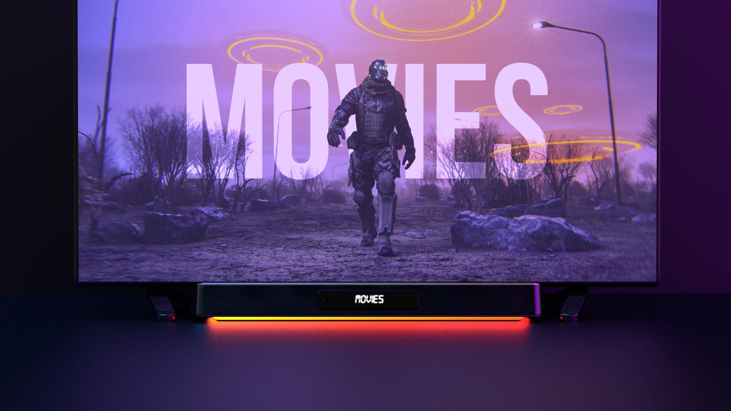 Ein Fernseher zeigt ein Bild mit der Aufschrift 'MOVIES', darunter eine Landschaft mit einem futuristischen Soldaten.