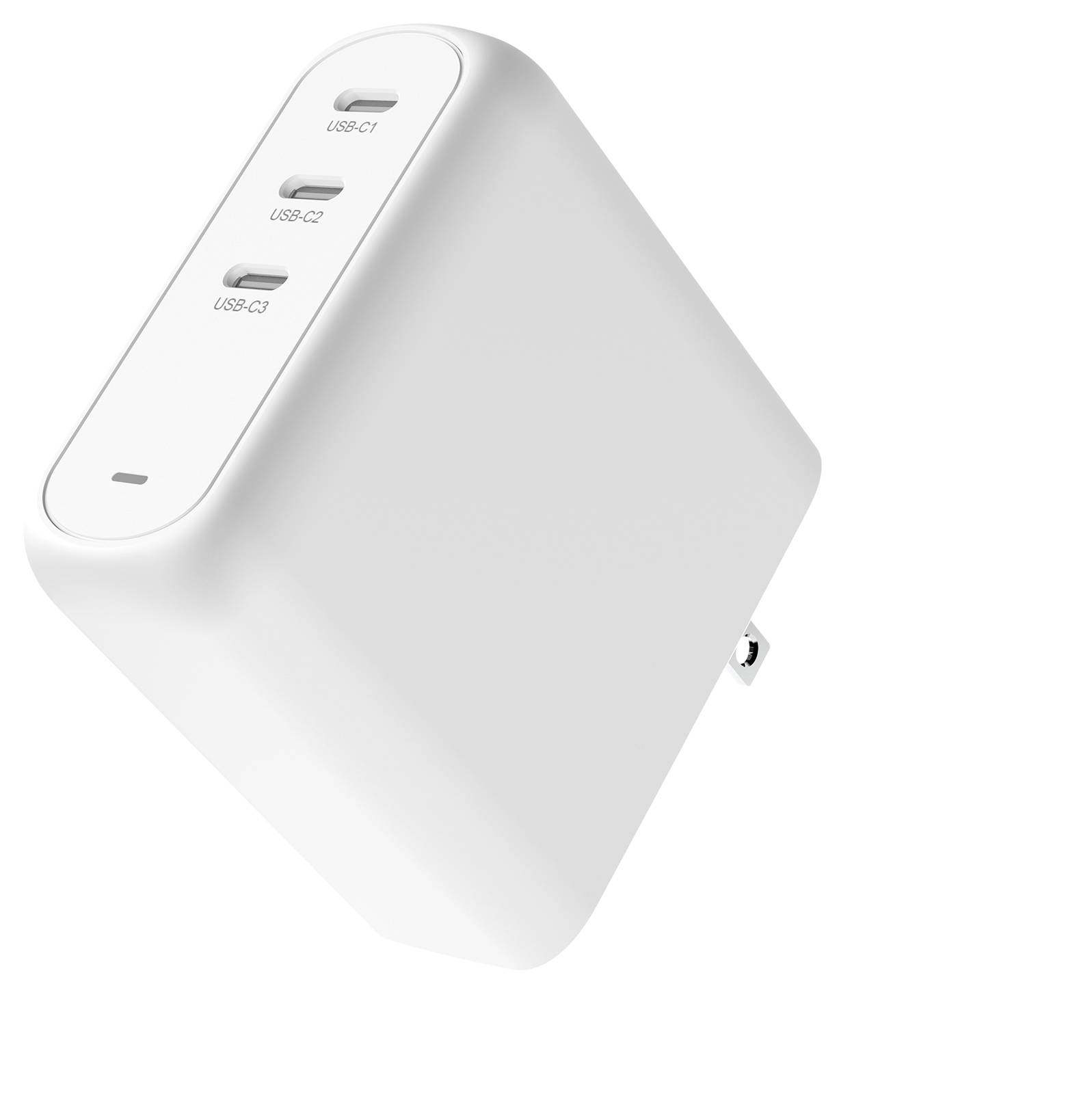 Weißes dreifaches USB-C-Ladegerät mit hochglänzender Oberfläche und schlankem Design.